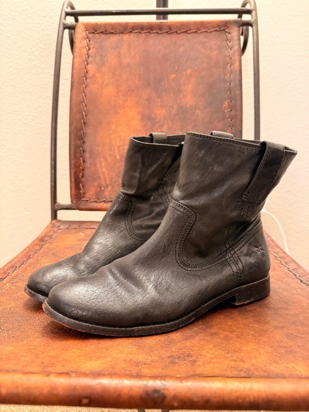 Black Leather Frye Anna Ankle Boots